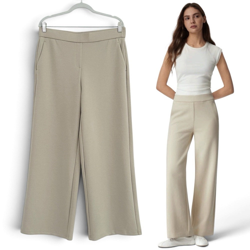OGL Women's Petite Large Limestone Cream Textured Straight Leg Pull-On Pants NWT